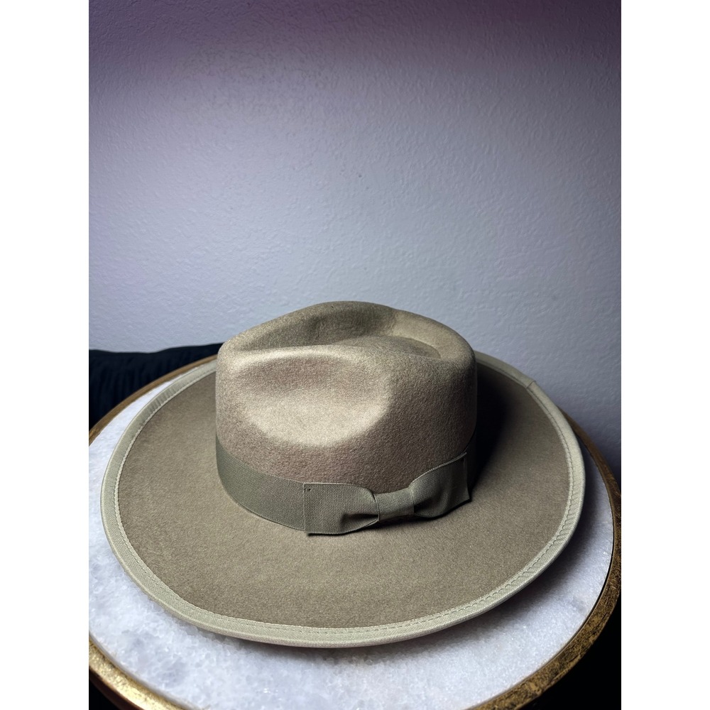 Wide Brim Fedora Hat Tan Felt Grosgrain Ribbon Band Adjustable Neutral